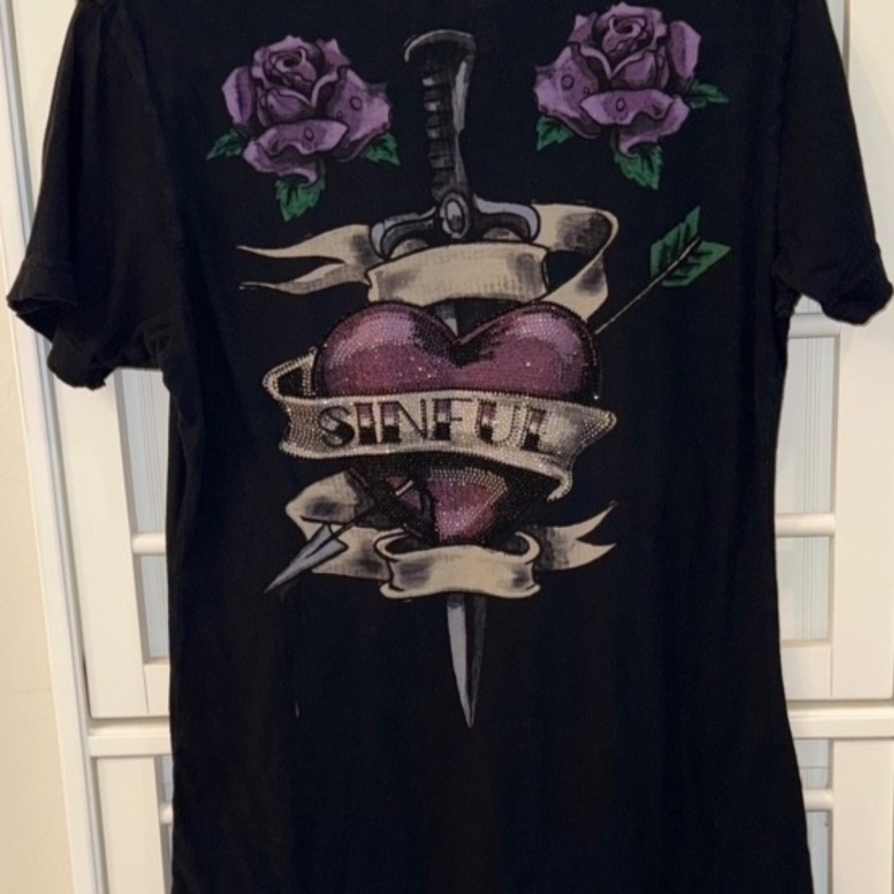 Vintage Sinful Affliction Women’s Baby Shirt Roses Purple XL Skulls Rhinestones